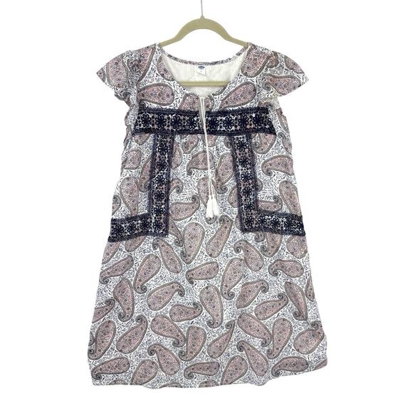 Old Navy Flutter Sleeve Shift Dress Blue Paisley Tassel Tie Size Medium Pullover - Picture 1 of 12